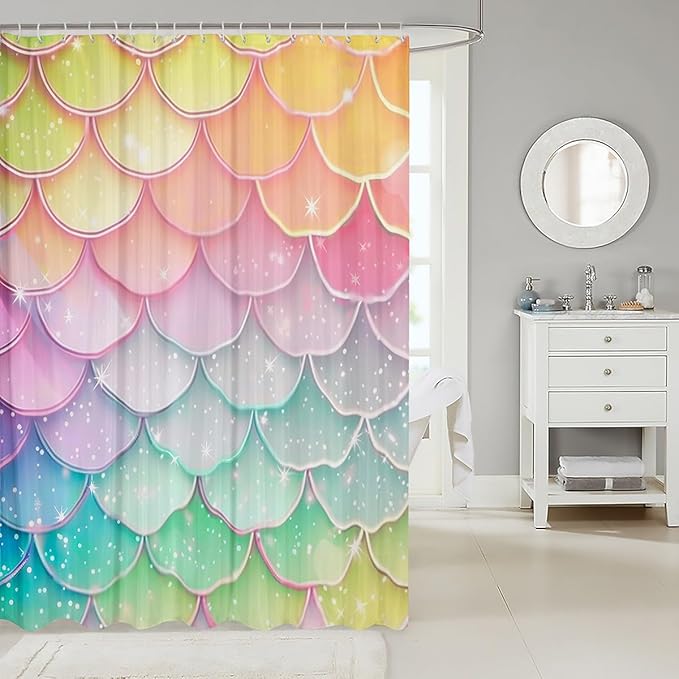 3D Mermaid Scales Shower Curtain Fish Scale Mermaid Curtain,Geometric Tail Gold Purple Pink Blue Ocean Theme Dream Fantasy Bathroom Curtains Decor Polyester Fabric Quick Drying 72X84 Inches with Hooks