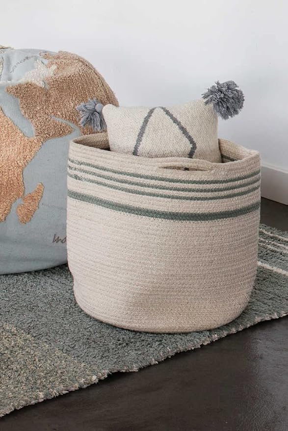 Lorena Canals Basket TWIN for kids' room in Vintage Blue/Natural color. Handmade by artisans in Natural Cotton and Non-Toxic Dyes-Size: 1' x Ø 1'