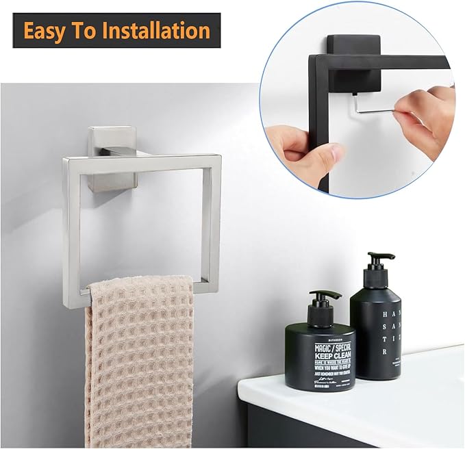 2-Piece Towel Ring - Thicken SUS 304 Stainless Steel Towel Holder, Towel Racks for Bathroom, Square Modern Design Hand Towel Holder, Contemporary Hand Towel Bar - Brushed Nickel