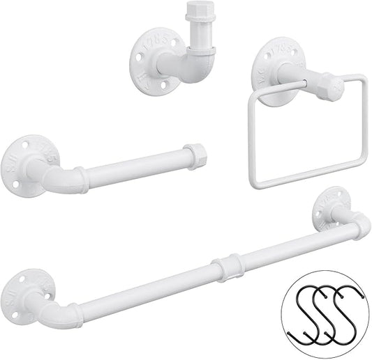 4-Pieces Industrial Pipe Bathroom Towel Ring Kit DIY Wall Mount Accessories Kit Includes Robe Hook Towel Bar and Towel Ring (White 18 inch)