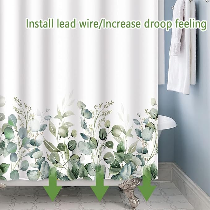 Green Eucalyptus Leaves Shower Curtain Spring Leaf Wild Nature Plants for Bathroom Farmhouse Style Home Decor Waterproof Polyester Fabric Shower Curtain with Hooks, 36x72 Inch