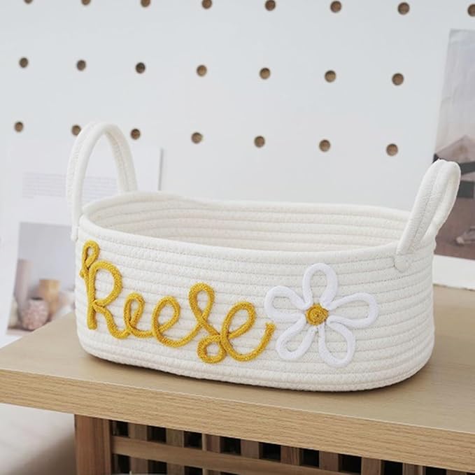 Personalized Woven Storage Basket With Name Baby Toy And Nursery Storage Basket， Personalized Baby Handmade Gift Baskets，Custom Baby Shower Basket Gift(32 * 15 * 11cm)