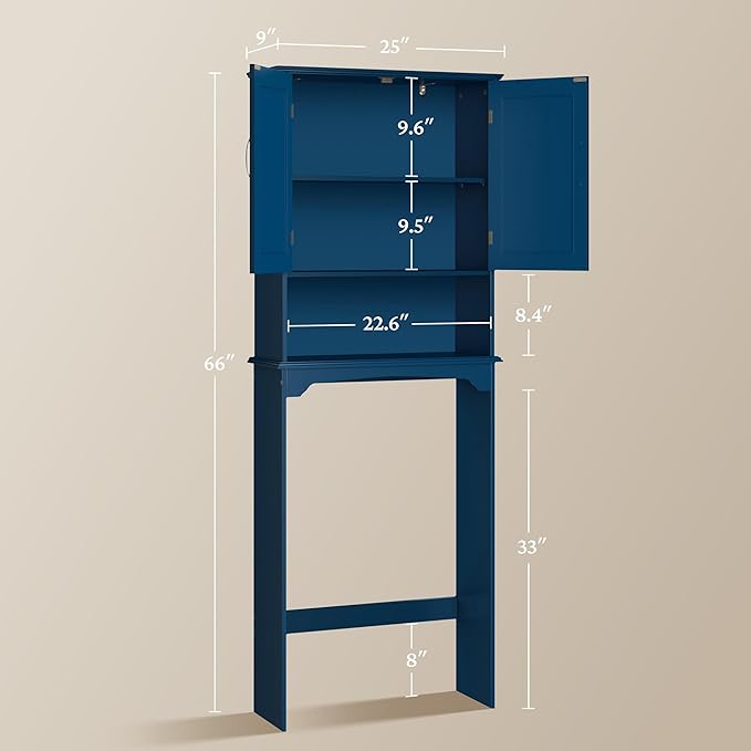 Topeakmart Over The Toilet Storage Cabinet, Organizer with Double Doors and Inner Adjustable Shelf and Lower Open Shelf for Bathroom Laundry, 66 in H, Navy Blue