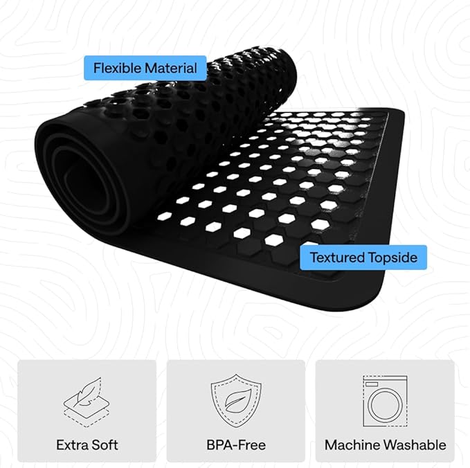 GORILLA GRIP Patented Square Shower Stall Mat, Small Bathtub Floor Mats for Stand Up Showers, Suction Cups and Drainage Holes, Machine Wash, Soft on Feet, Bathroom Accessories 21x21 Inch, Black Opaque