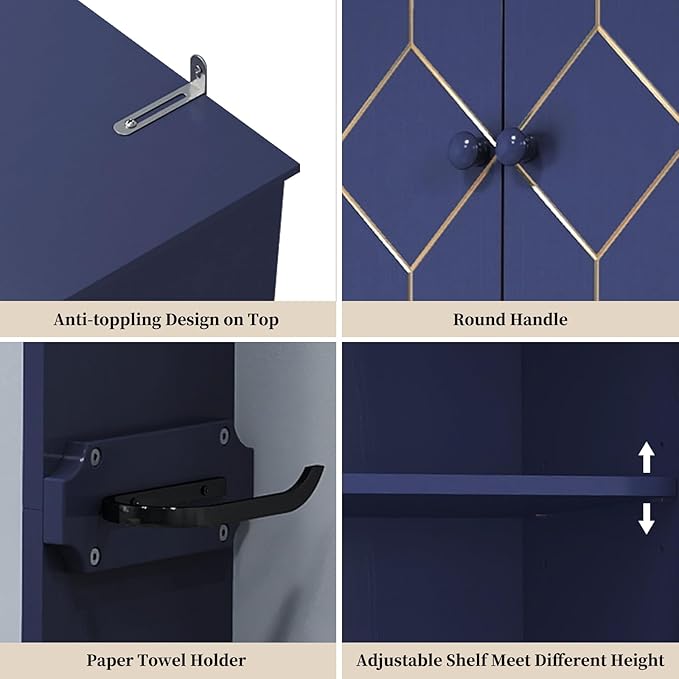 HLR Over The Toilet Storage Cabinet with Gold Trim, Over Toilet Bathroom Organizer with Adjustable Shelves and Toilet Paper Holder, Above Toilet Storage Cabinet Spacesaver for Bathroom (Blue)