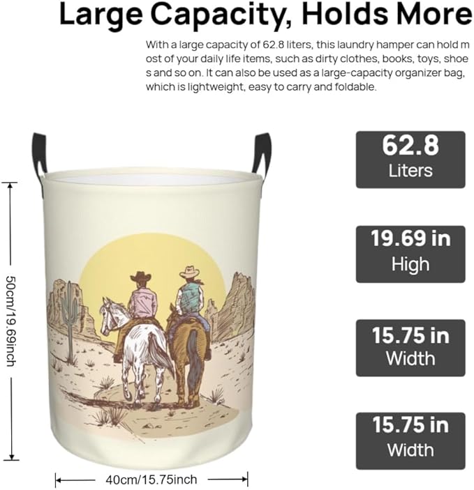 Western Cowboy Laundry Basket Room Décor Hamper Clothes Storage Bucket Toy Organizer Foldable Waterproof Bathroom Laundry Storage Bedroom Large