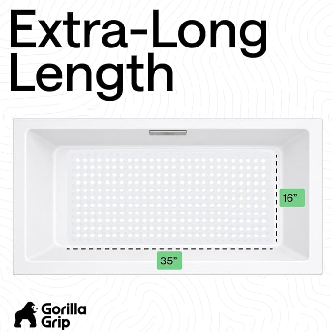 GORILLA GRIP Patented Bath Tub Shower Mat, Machine Washable Bathtub Floor Liner Mats, Suction Cups and Drain Holes to Keep Tubs Clean, Soft on Feet, Bathroom Essentials, 35x16 Inch, White