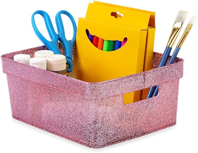 Isaac Jacobs Small Glitter Storage Bin (10” x 7.5” x 4.25”) Set w/Cut-Out Handles, Plastic Organizer, Multi-Functional, Home Storage Solution, Kids Playroom, Bedroom, Closet (4, Pink)