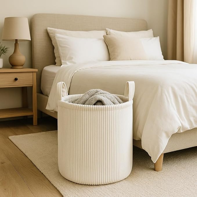 PUTSKA Blanket Basket – Round Storage for Toys and Blankets, Clothes, Stuffed Animals – Soft Baby Basket for Nursery, Kids Room, Bedroom, Living Room – Large, Cream