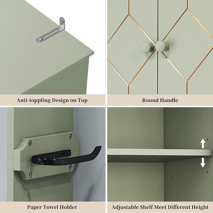 HLR Over The Toilet Storage Cabinet with Gold Trim, Over Toilet Bathroom Organizer with Adjustable Shelves and Toilet Paper Holder, Above Toilet Storage Cabinet Spacesaver for Bathroom (Green)