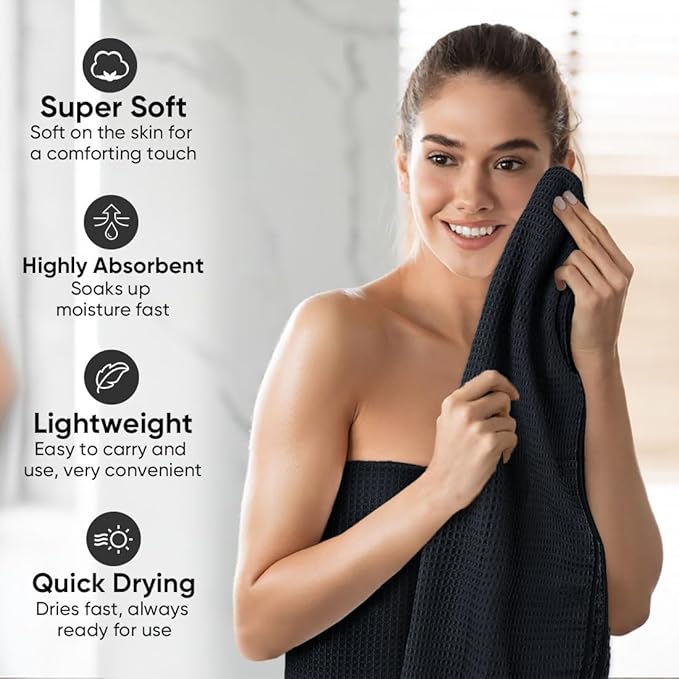 HOMEXCEL Waffle Bath Towels Set 4 Pack, Premium Microfiber Bathroom Towels, Lightweight, Highly Absorbent and Quick Dry Towel for Bathroom, Gym, Shower, Hotel, and Spa, 27 x 54 Inch, Black