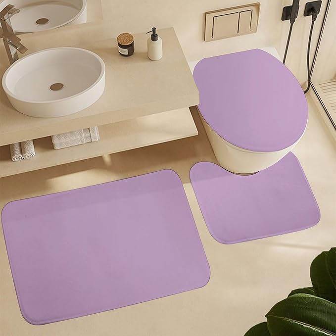 3 Pieces Bath Rug Sets, Purple Lilac Trend Color Bathroom Mat Set Non Slip U Shaped Contour Rug & Toilet Lid Cover