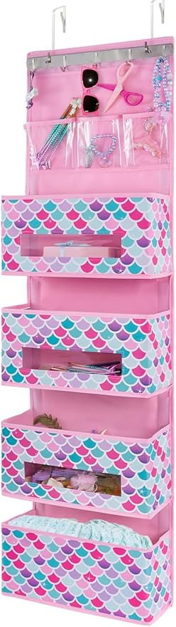 WERNNSAI Mermaid Door Hanging Organizer - Over The Door Storage with 4 Large and 3 PVC Pockets Baby Storage Toys Towels Sundries for Kids Girls Room Nursery Bedroom
