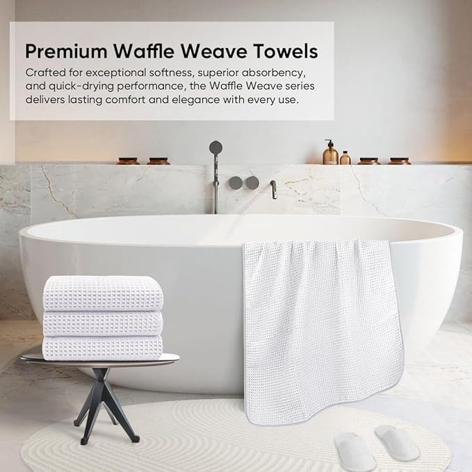 HOMEXCEL Waffle Bath Towels Set 4 Pack, Premium Microfiber Bathroom Towels, Ultra Soft, Lightweight, Highly Absorbent and Quick Dry Towel for Bathroom, Gym, Shower, Hotel, and Spa, 30 x 60 Inch, White
