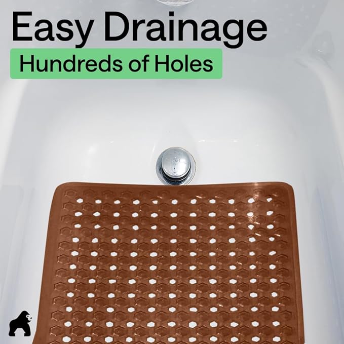 GORILLA GRIP Patented Bath Tub Shower Mat, Machine Washable Bathtub Floor Liner Mats, Suction Cups and Drain Holes to Keep Tubs Clean, Soft on Feet, Bathroom Essentials, 35x16 Inch, Brown
