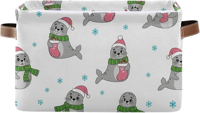 Christmas Seal White Print Rectangular Storage Bin Basket with Handles - Organizer Bin for Books Clothes Laundry Basket for Pets Playroom