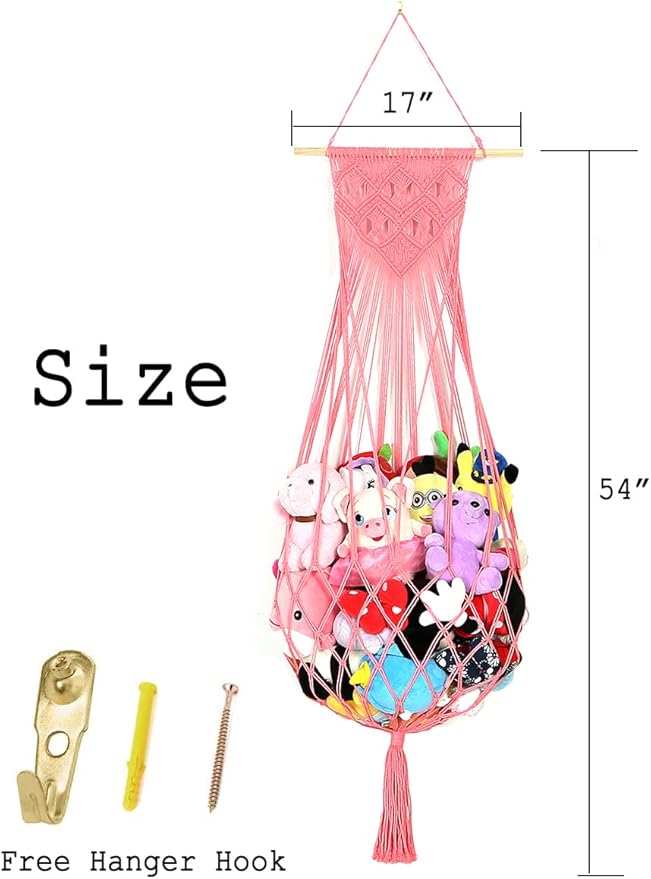Stuffed Animal Hammock Wall Hanging Net for Stuffed Animal Net Stuffed Animal Storage Plush Toy Holder Toy Organizer for Boho Kidroom Playroom Nursery Decor (Pink)