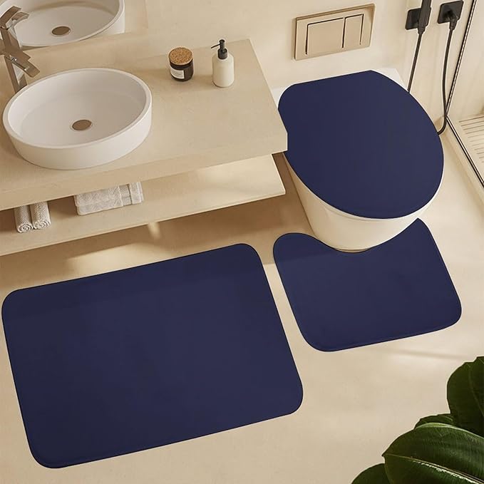 3 Pieces Bath Rug Sets, Navy Blue Modern Bathroom Mat Set Non Slip U Shaped Contour Rug & Toilet Lid Cover