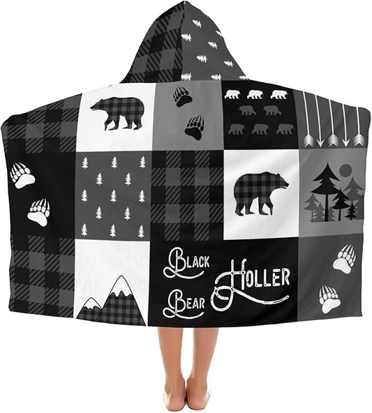 Hooded Bath Towels for Kids, Buffalo Bears Mountains Black Personalized Towel for Swimming Robe | Bathing | Beach | Birthday Gifts