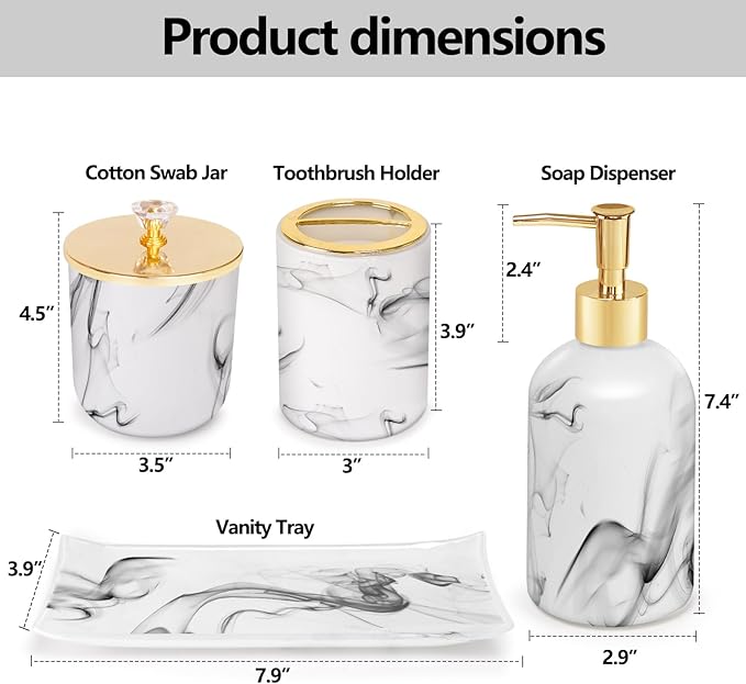 Haturi Bathroom Accessories Set, 4 Pcs Marble Look Sets Soap Dispenser & Toothbrush Holder Counter Top Restroom Apartment Decor Stuff, Glass Kits, Gift for Women and Men, Ink White