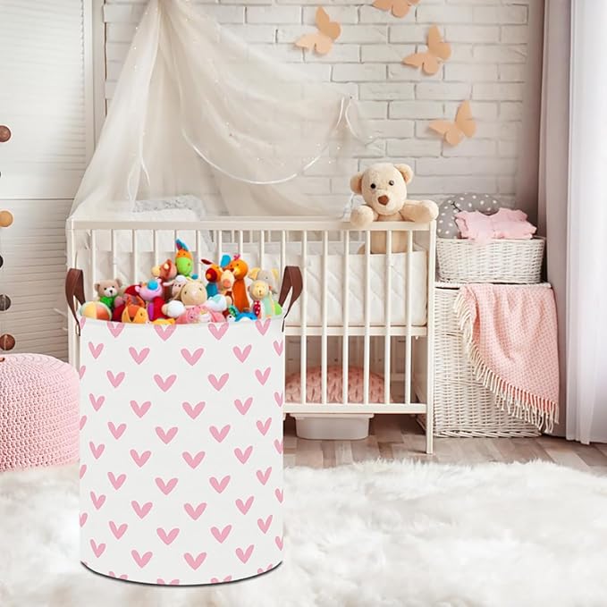 19.7" Pink Cute Heart Laundry Basket,Kids Dirty Clothes Hamper,Waterproof Toys Storage Bin,Room Decor,Gift Baskets,Baby Nursery Hamper(Pink Heart)