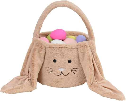 Plush Easter Bunny Basket Bags for Kids, Rabbit Bucket Tote with Long Fluffy Ears, Cute Egg Hunts Party Storage Candy Gifts Carry Bucket Decorations (Brown)