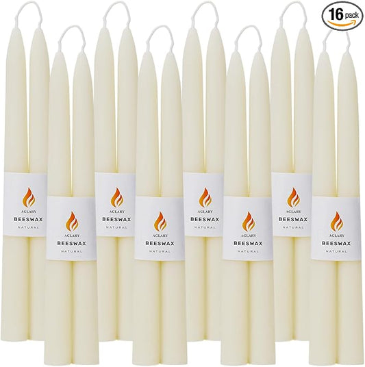 Handmade White Beeswax Taper Candles - 16-Pack Dripless & Smokeless, 9H Burn Time, Natural Home Decor Air-Purifying