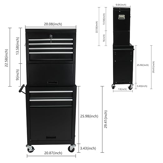 Rolling Tool Chest, Garage Tool Box, 6-Drawer and 2 Cabinets Lockable Tool Cabinet, 2 in 1 Detachable Tool Box Storage Organizer Suitable for Workshops, Warehouses, Repair Shops, Black