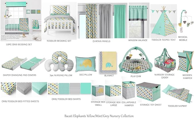 Bacati - Small Storage Tote Elephants Mint/Yellow/Grey 10 x 10 x 10 inches