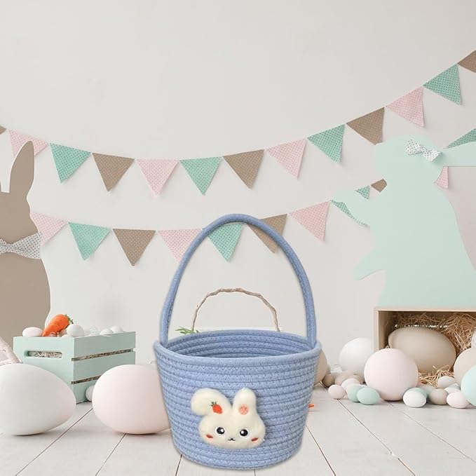 Easter Bunny Basket, Cotton Hand-Woven Storage Basket, Easter Egg Basket Cute Bunny Shopping Handbag for Easter Party