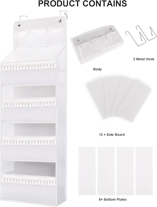 Over the Door Organizer - Boho Nursery Hanging Organizer with Tassels -Oxford Behind Door Storage for Bedroom, Bathroom, Closet, Dorm, Pantry, Diapers, 4 Shelves, White