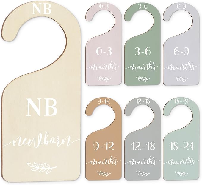Whaline 7Pcs Terrazzo Wood Baby Closet Size Dividers with White Velvet Bag Newborn to 24 Month Thicken Infant Wardrobe Hanger Organizers for Home Nursery Party Supplies