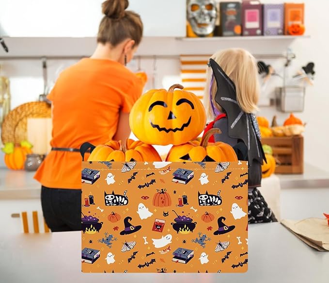 Rectangle Storage Basket with Handles,Collapsible Storage Bin,Books Box,Gift Basket(Yellow Halloween)