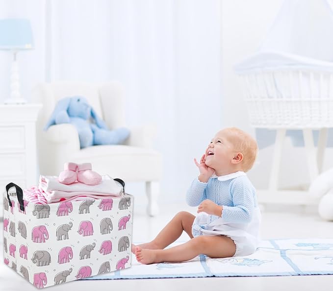 Elephant Baby Storage Bin Pink Elephant Decor for Girls Room Toy Shelf Gift Basket (Rectangular Shape, Handles for Easy Carry)