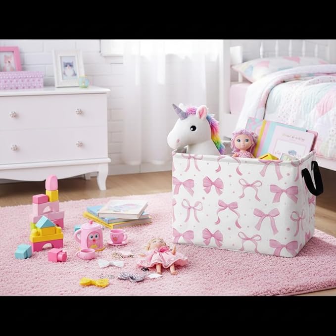 HIYAGON Rectangular Kids Basket Baby Girl Basket Fabric Storage Bin Organizer Box Room Decor(Dreamy Bowknot)
