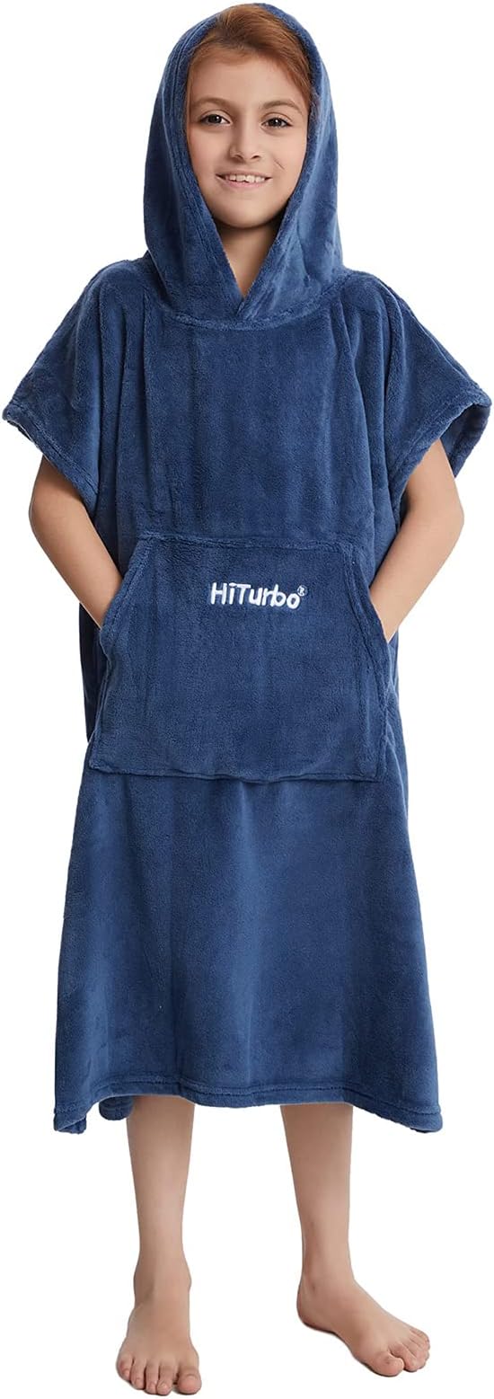 Hiturbo Kids Towel Changing Robe: Soft Plush Bath Towels - Warm Coral Fleece Hoodie - Swim Surf Poncho for 5-12 Years (Navy)