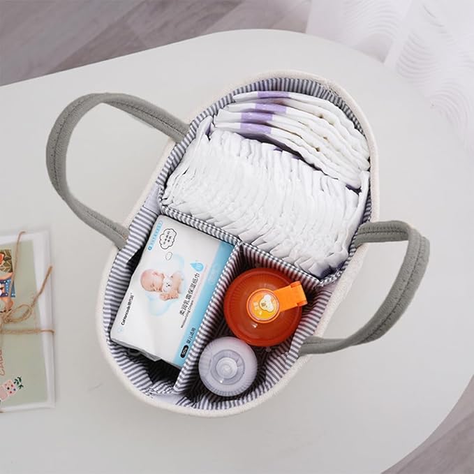 Diaper Caddy Organizer, Portable Nursery Storage Basket with Detachable Compartments,Cotton Woven Rope Baskets, Changing Table Basket