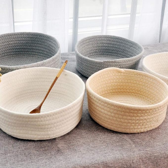 Cotton Rope Handmade Woven Home Storage Household Candy Toys Storage Basket Sundries Collection Box Candy Snack Food Tray SML Pack of 3 (Round, Beige)