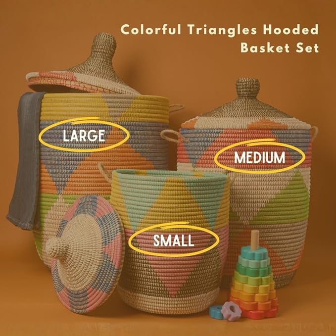 Colorful Triangles Wicker Baskets, Storage Hampers for Laundry, Blankets, Toys, Bedroom, Living Room, Nursery (Set of 3 (S/M/L))