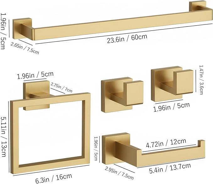 15-Piece Brushed Gold Bathroom Accessories Set – 23.6" Towel Bar, Towel Ring, Toilet Paper Holder & Hooks, Wall Mounted Bathroom Hardware, Rust & Corrosion-Resistant, Ideal for Modern Bathrooms