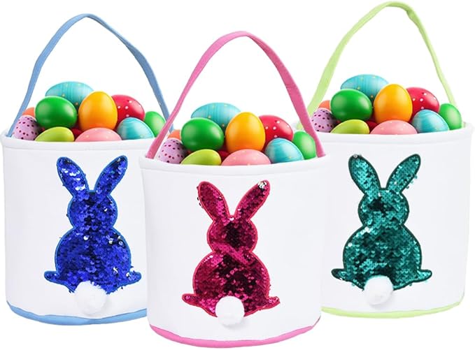 3 Pcs Easter Bunny Basket Bags for Kids - Color Changing Reusable Easter Egg Baskets - Perfect for Girls & Boys Easter Egg Hunts (Pink, Blue, Green)