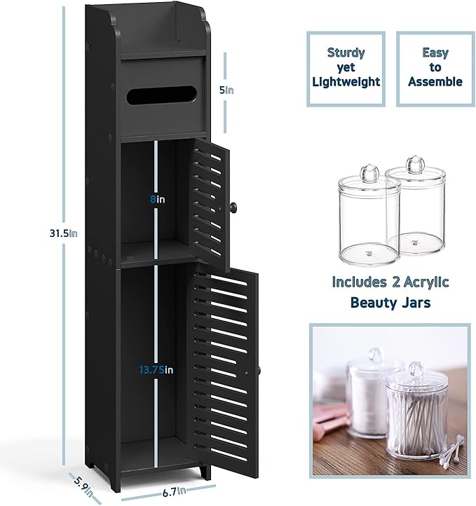 Hearth & Harbor Storage Cabinet With Doors for Toilet Paper, Floor Standing Bathroom Organizer With 2 Apothecary Decor Jars, Shelf Organizer, Black