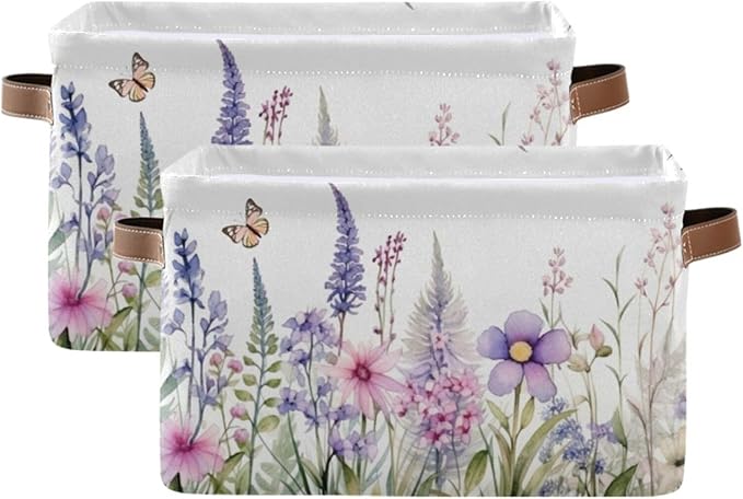YETTASBIN Herbal Wildflowers Storage Basket 2pc, Large Collapsible Toys Clothes Organizer, Durable Canvas Storage Bin with Handle for Shelves Closet Laundry Home Office Decor