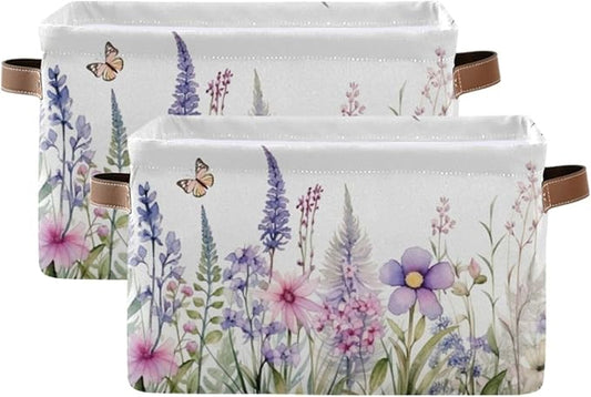 YETTASBIN Herbal Wildflowers Storage Basket 2pc, Large Collapsible Toys Clothes Organizer, Durable Canvas Storage Bin with Handle for Shelves Closet Laundry Home Office Decor