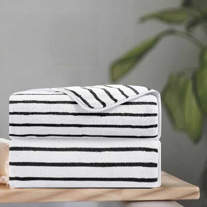 2 Piece Black White Cabana Stripe Hand Towels for Bathroom 16"x31" Ultra Soft Breathable Hand Face Towels Highly Absorbent 600GSM Towels Quick Dry Beach Chair Towel for Spa Gym Hotel Travel Camp