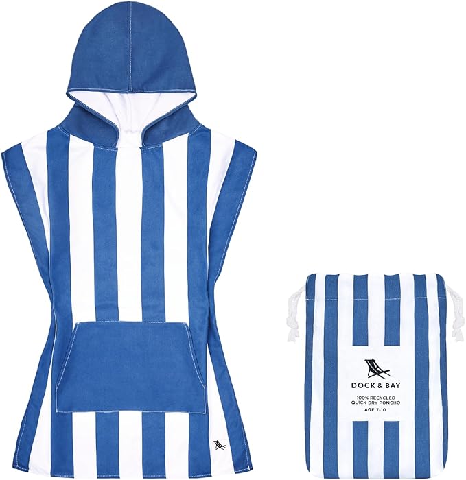 Dock & Bay Poncho with Hood - for Kids - Super Absorbent, Quick Dry - Includes Bag - Cabana - Whitsunday Blue, Medium (Age 7-10)
