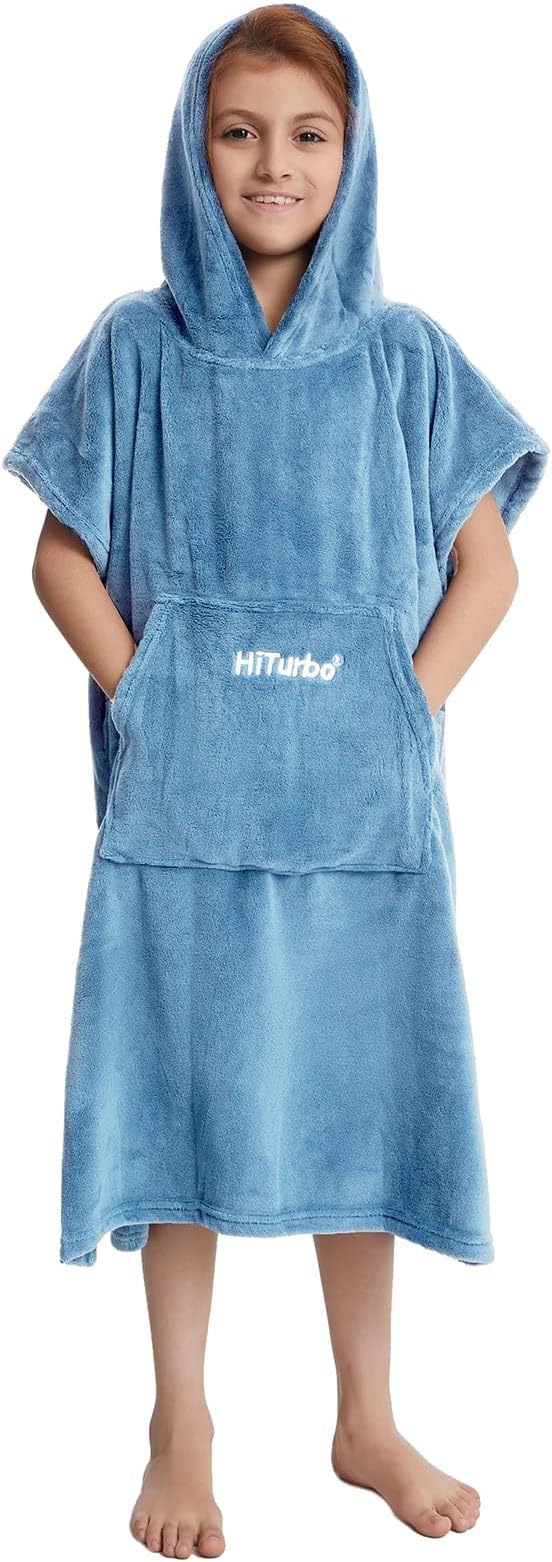 Hiturbo Kids Towel Changing Robe: Soft Plush Bath Towels - Warm Coral Fleece Hoodie - Swim Surf Poncho for 5-12 Years (Blue)