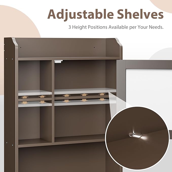 ZenStyle Over The Toilet Cabinet Double Door Wood Bathroom Storage Organizer with Adjustable Shelves, Cubby and Tempered Glass Door (Brown)