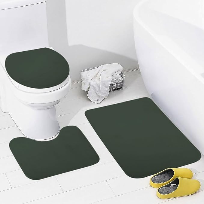 3 Pieces Bath Rug Sets, Forest Green Trend Color Bathroom Mat Set Non Slip U Shaped Contour Rug & Toilet Lid Cover