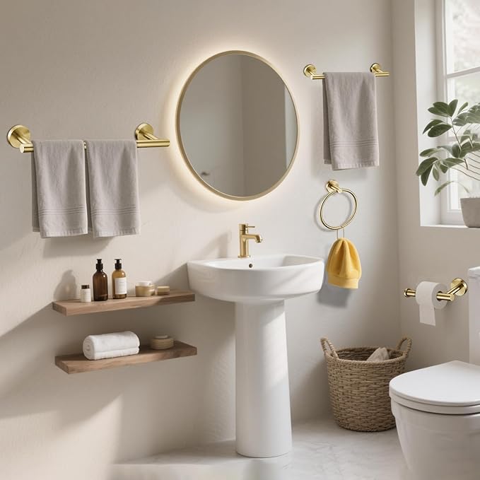 6 Pieces Brushed Gold Bathroom Hardware Accessories Set Hand Towel Ring 16&23.6 Inch Round Towel Bar Gold Toilet Paper Holder Towel Hooks 2 Pieces SUS 304 Stainless Steel, Heavy Duty, Wall Mounted